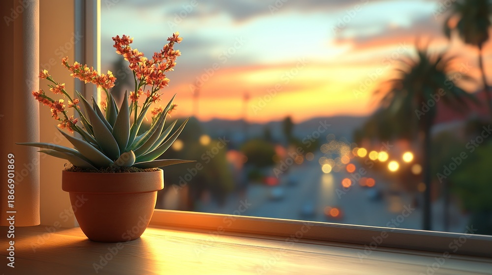 Fototapeta premium Potted plant on windowsill, sunset view