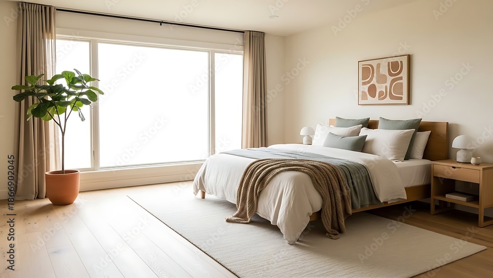 Fototapeta premium Serene Bedroom Interior with Minimalist Decor and Natural Light