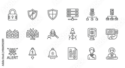 Cybersecurity icons representing various protections and alerts