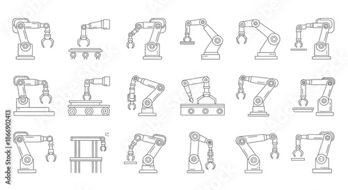 Collection of industrial robotic arms in various configurations