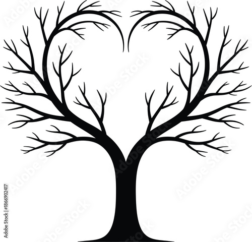 Heart-Shaped Tree Silhouette with Merging Trunks and Curved Branches for Nature and Love Design