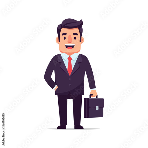 A smiling businessman in a suit holds a briefcase and stands against a white background, ready for work