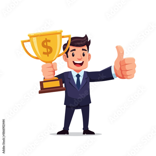 Confident professional celebrates remarkable business success, holding a gleaming dollar sign trophy to signify a major financial achievement and triumph, giving a thumbs-up gesture