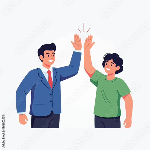 Two joyful men celebrating success with a high-five gesture, showcasing excellent teamwork, mutual agreement, and a thriving partnership in a vibrant, modern illustration