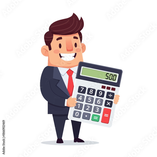 A cheerful businessman illustration holding a large calculator, symbolizing financial planning, accounting, business calculations, and money management with a positive attitude