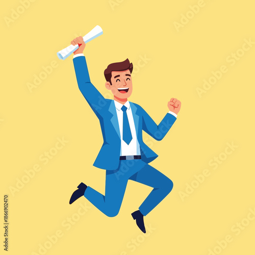 Excited professional celebrating a major accomplishment, jumping with joy and holding a diploma, symbolizing graduation and career advancement