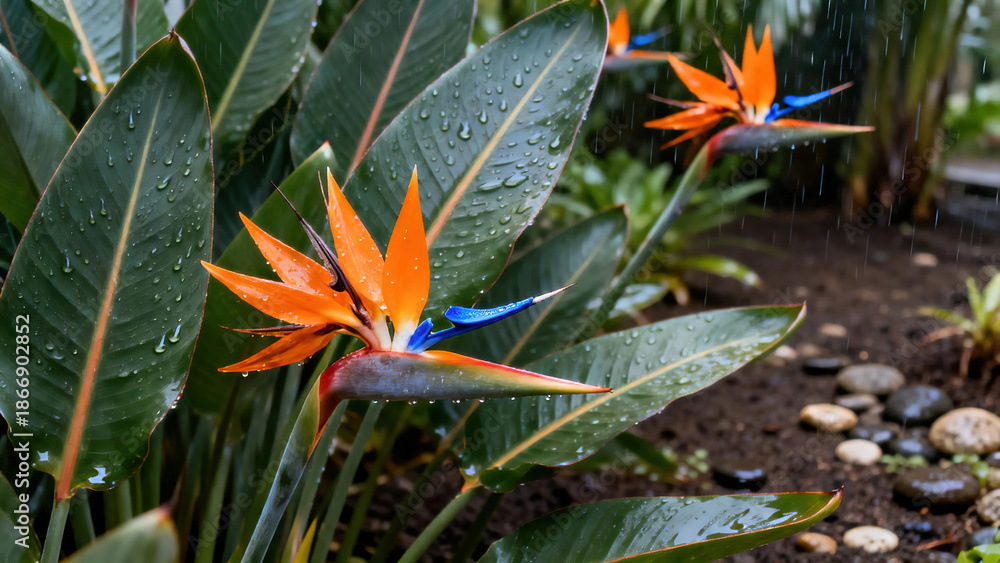 Obraz premium Birds of Paradise after Summer Rain—5 Orange/Blue Exotic Blooms in Tropical Garden, Raindrops on Large Green Leaves, Wet Soil & Pebbles, Soft Overcast Light