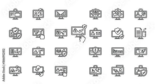 Collection of computer icons with security and data elements