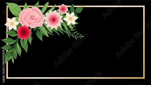 Pink rose and dahlia floral corner frame with gold border on black background