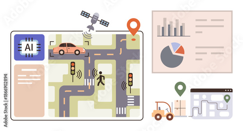Smart cities, transportation technology, AI navigation, logistics, data analysis, urban planning. ion of AI-integrated traffic systems with analytics and maps. Smart cities and transportation