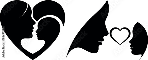 Mother and child silhouette with heart vector illustration isolated on transparent background