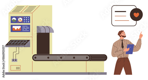 Manufacturing technology, quality assurance, automation, industrial processes, data analysis, workflow efficiency. A worker with a clipboard managing data. Manufacturing technology and quality