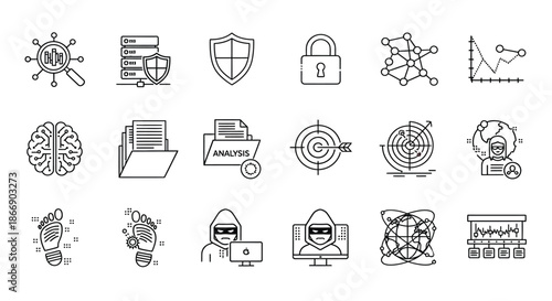 Illustrations of data security, analysis, and technology