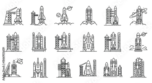Illustrations of rockets and launch pads