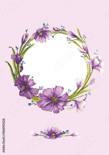 Purple watercolor flower wreath on pink background with dainty floral blossoms and green leaves