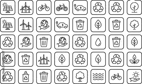 Eco icons for sustainability, renewable energy, recycling, conservation, green living, climate action, clean environment, nature protection, eco-friendly lifestyle, zero waste, carbon footprint