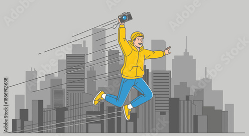 A cheerful young male photographer enthusiastically leaps into the air, holding his camera high above a modern city skyline, capturing the vibrant urban energy.
