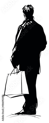 Hand drawn silhouette illustration of a shopper depicting carrying a shopping bag for retail and consumerism