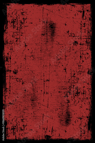 Vertical red canvas background with heavy black distressed grunge texture scratches and a dark weathered border frame