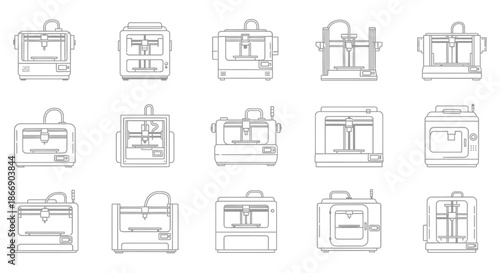 Collection of 3d printers in various designs