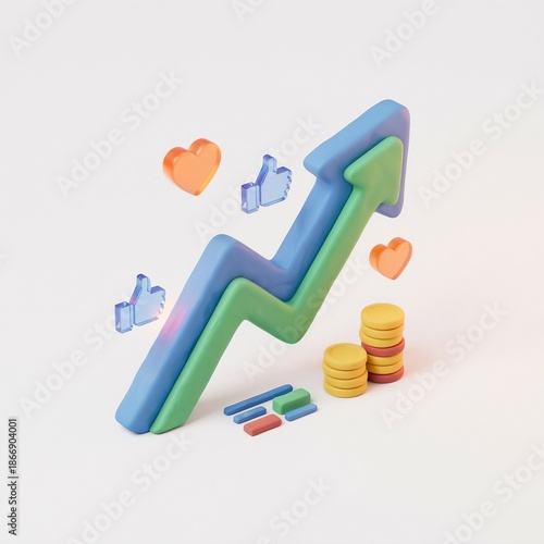 3D illustration of rising arrows with coins and social icons in blue and green colors representing financial growth and engagement with copy space