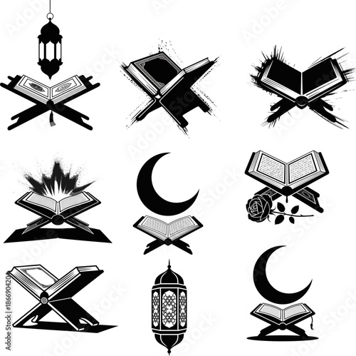 Ramadan Kareem Holy Quran Vector Silhouettes Set | Detailed Black Icons of Rehal, Muslim Crescent Moon, Arabic Lanterns, and Grunge Brush Art for Islamic Faith and Celebration Designs