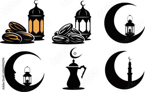 Elegant Black and Orange Silhouette Icons Set for Ramadan Kareem and Eid Mubarak Celebrations: Featuring Traditional Islamic Lanterns, Dates, Crescent Moons, and Minaret Symbols.