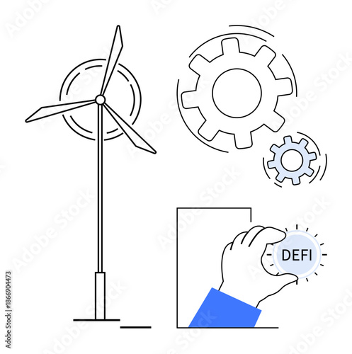 Renewable energy, green technology, decentralized finance, innovation, clean power, sustainability. Wind turbine and hand holding DeFi symbol with gears. Renewable energy and green technology