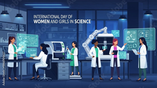 Diverse group of women in lab coats working together in a modern laboratory on international day of women and girls in science with women in science