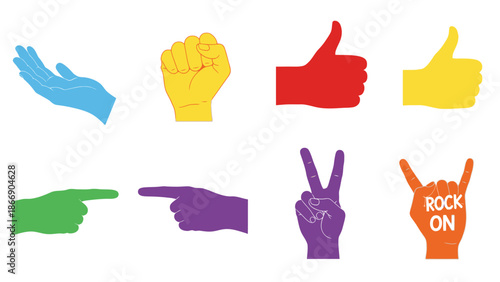 Hand gestures collection. Colorful hand signs set.
