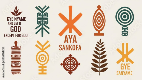 A collection of traditional African Adinkra symbols and designs in various colors and patterns