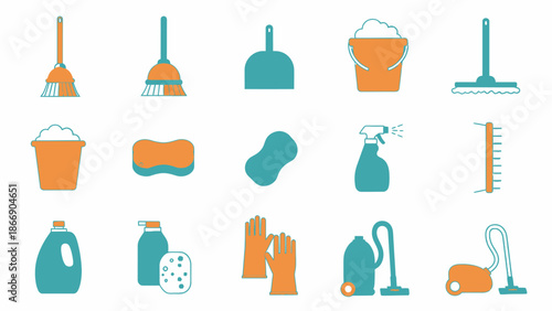 Cleaning tools set. Housekeeping equipment icons.
