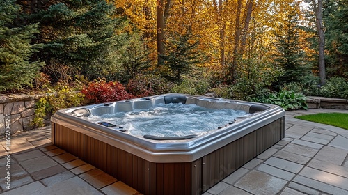 A serene outdoor hot tub surrounded by autumn foliage on a stone patio in a tranquil forest setting for relaxation and leisure activities with tranquility and serenity with nature