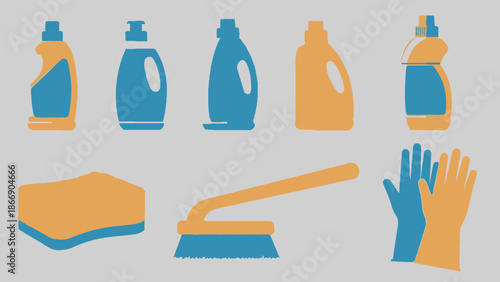 Cleaning supplies vector icons set for housework
