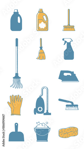 Cleaning tools icons set. Housekeeping equipment