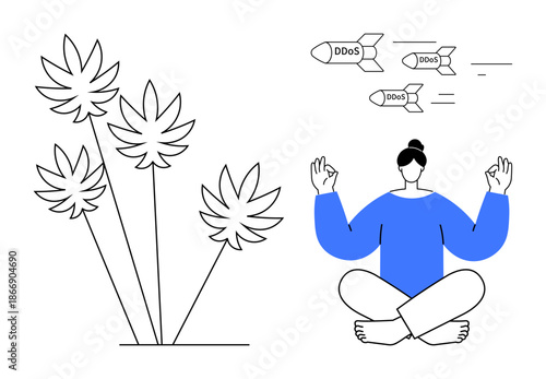Cybersecurity, stress management, mindfulness, digital attacks, personal well-being, technology balance. Person meditating alongside abstract cannabis leaves and DDoS attack icons. Stress management