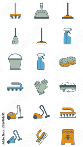 Cleaning tools icons set. Housekeeping equipment