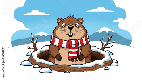 A cartoon groundhog wearing a red and white striped scarf stands in a snowy hole with mountains in the background