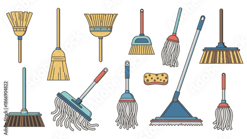 Cleaning tools vector set. Brooms and mops collection.