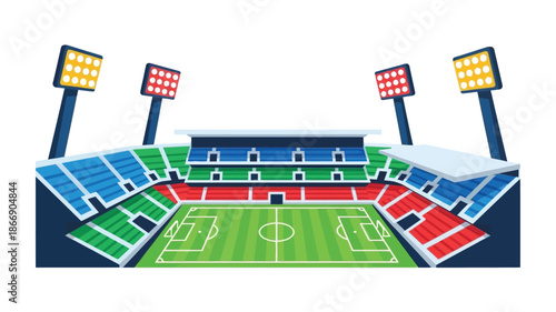 Colorful cartoon stadium with a green soccer field and bright floodlights
