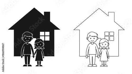 Two contrasting house illustrations with a family silhouette in each