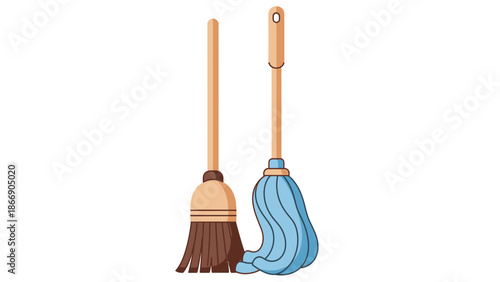 Broom and mop for cleaning house
