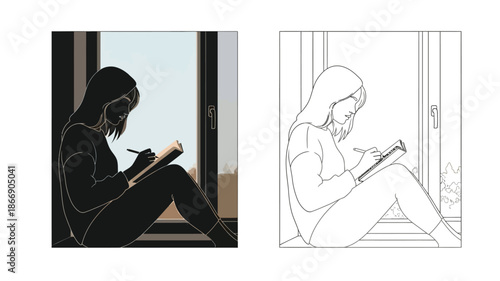 A woman sits by the window writing in her journal shown in color and outline