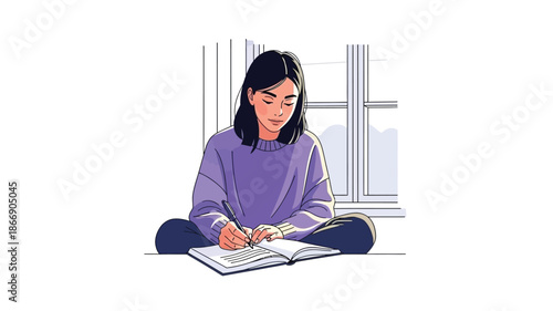 Young woman thoughtfully journaling near a window with soft natural light