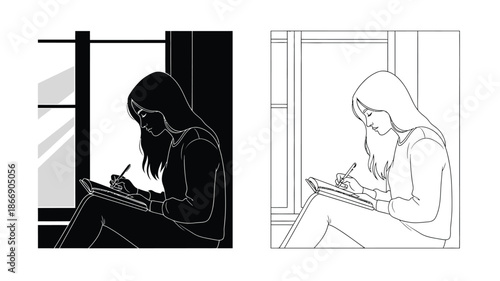 A woman seated by a window drawing in a sketchbook shown in two styles