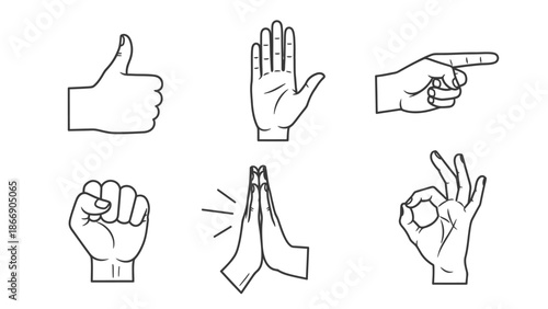 Hand gestures set, line art vector