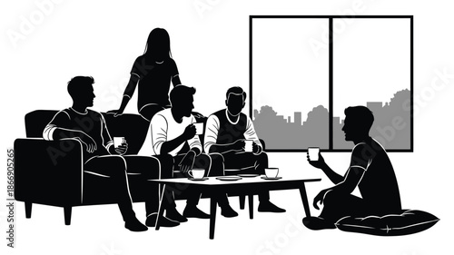 A group of friends gathering indoors enjoying coffee and conversation together