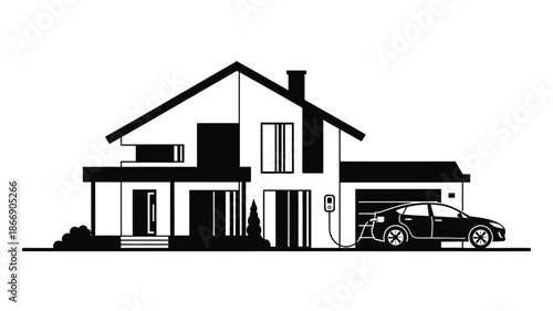 Simple black and white illustration of a house with a car in the driveway