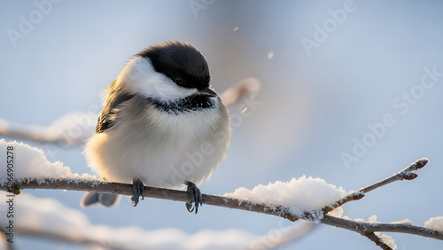A small bird perched on a snowy branch in a serene winter landscape