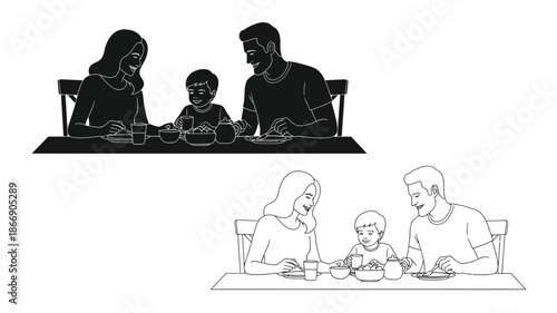 Family gathered around a table enjoying a meal together monochrome illustration